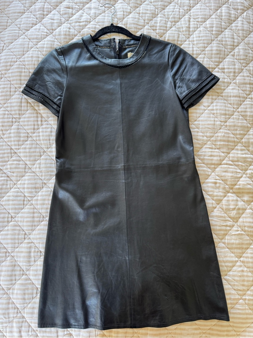 Black Lamb Leather Short Sleeve Shift Dress